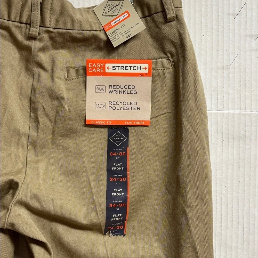 St. John's Bay Men's Khaki Chinos Classic Fit Flat Front Easy Care  NWT 34 X 30
